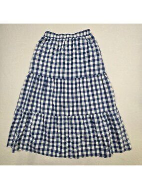 Zesica Small Womens Tiered Midi Skirt Blue Gingham Elastic Waist Cottage Core